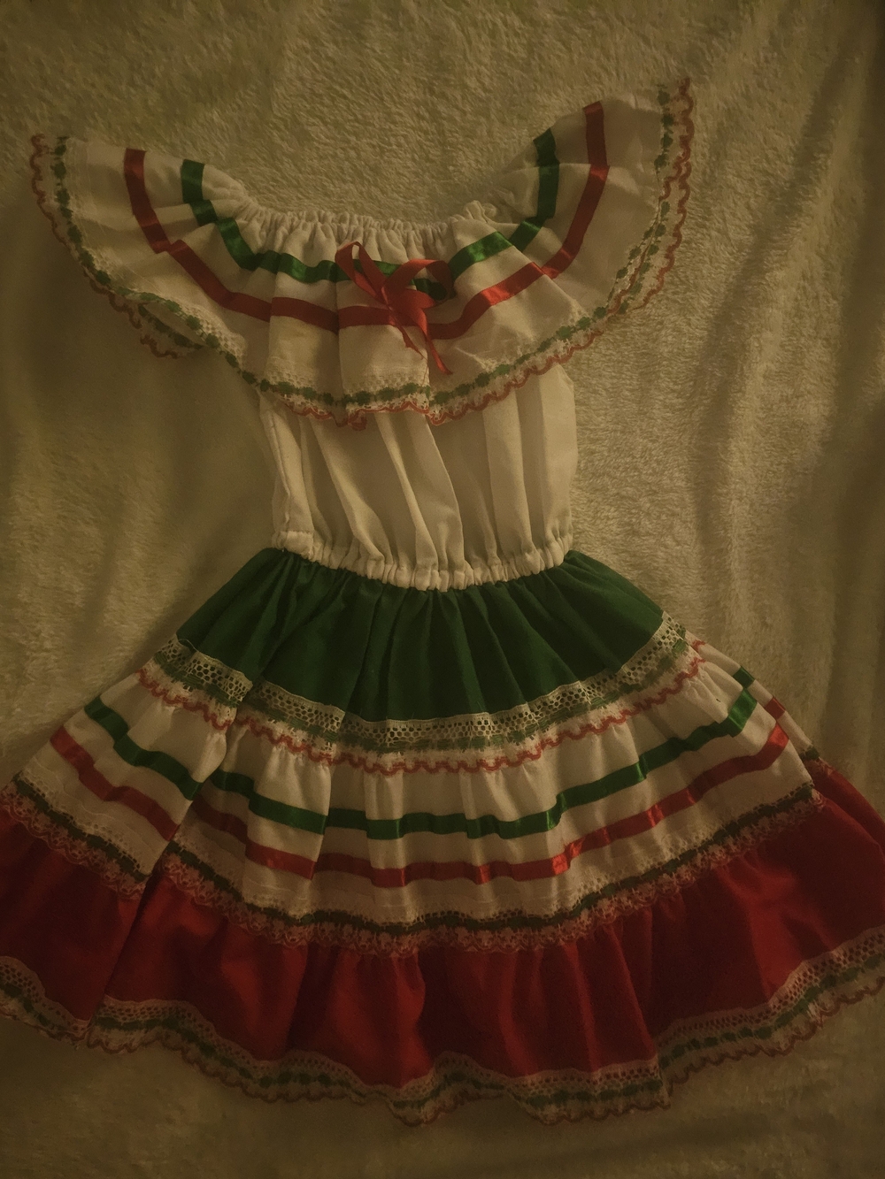 Girls Traditional Mexican Folklorico Dress - White, Green & Red